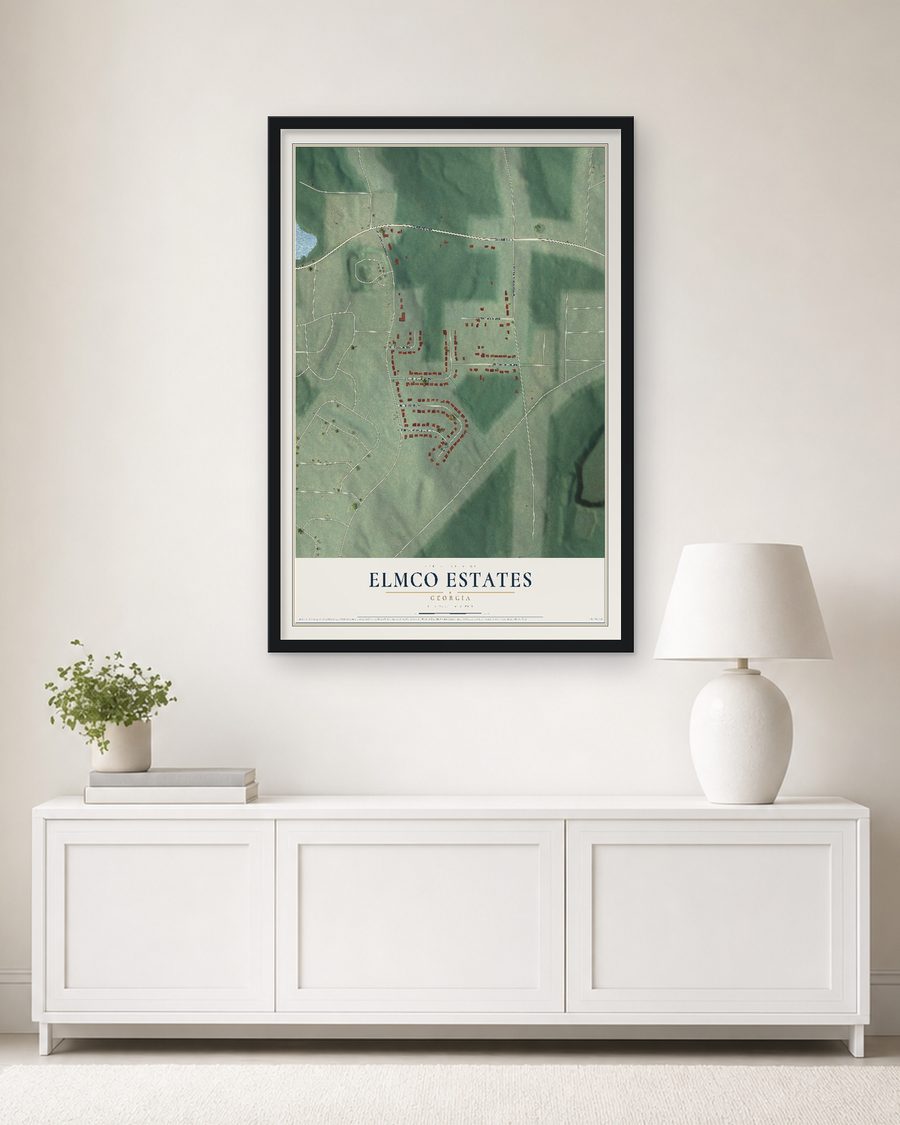 The Elmco Estates, Georgia map, 24 x 36 in, in a black wood frame on a living room wall