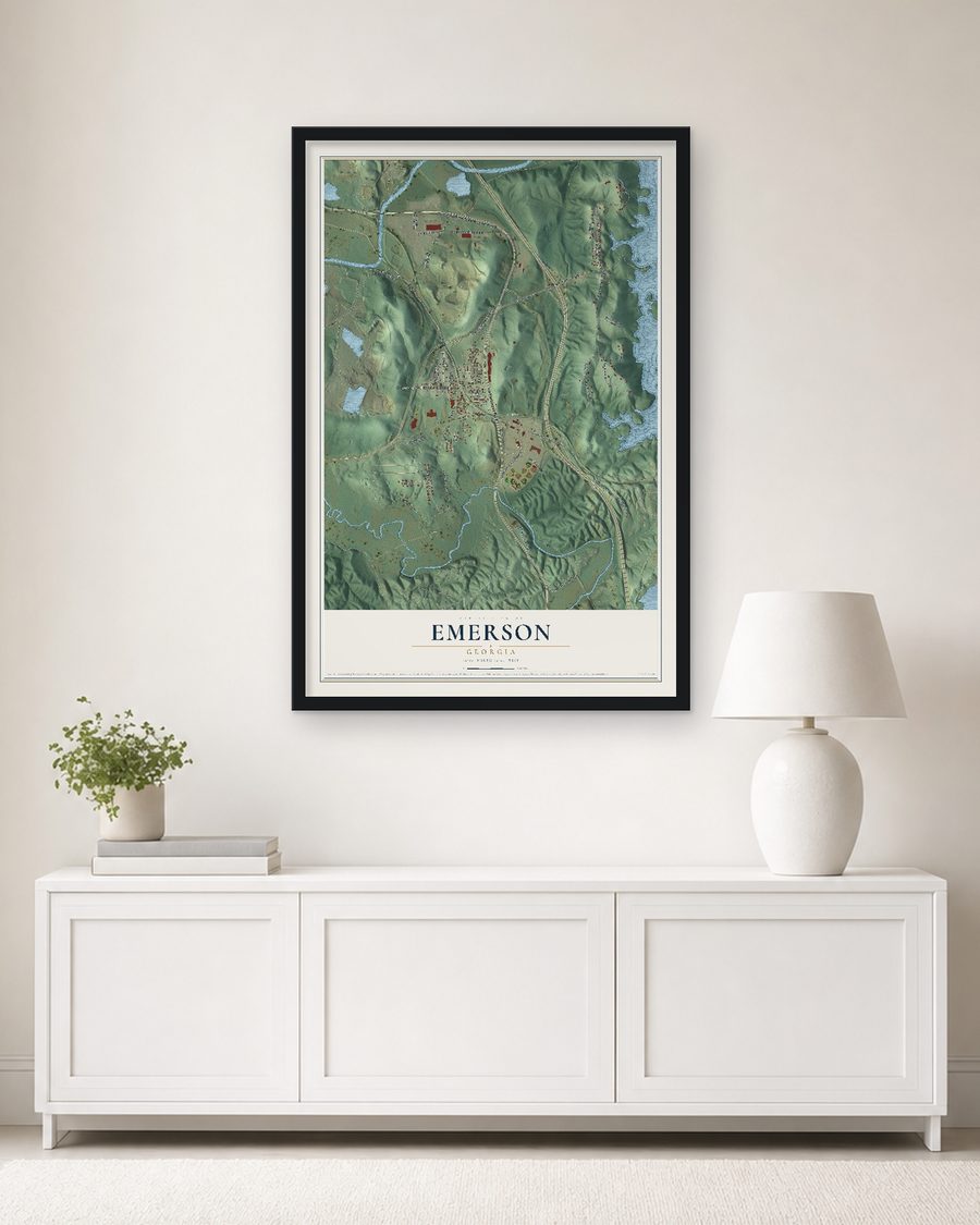 The Emerson, Georgia map, 24 x 36 in, in a black wood frame on a living room wall