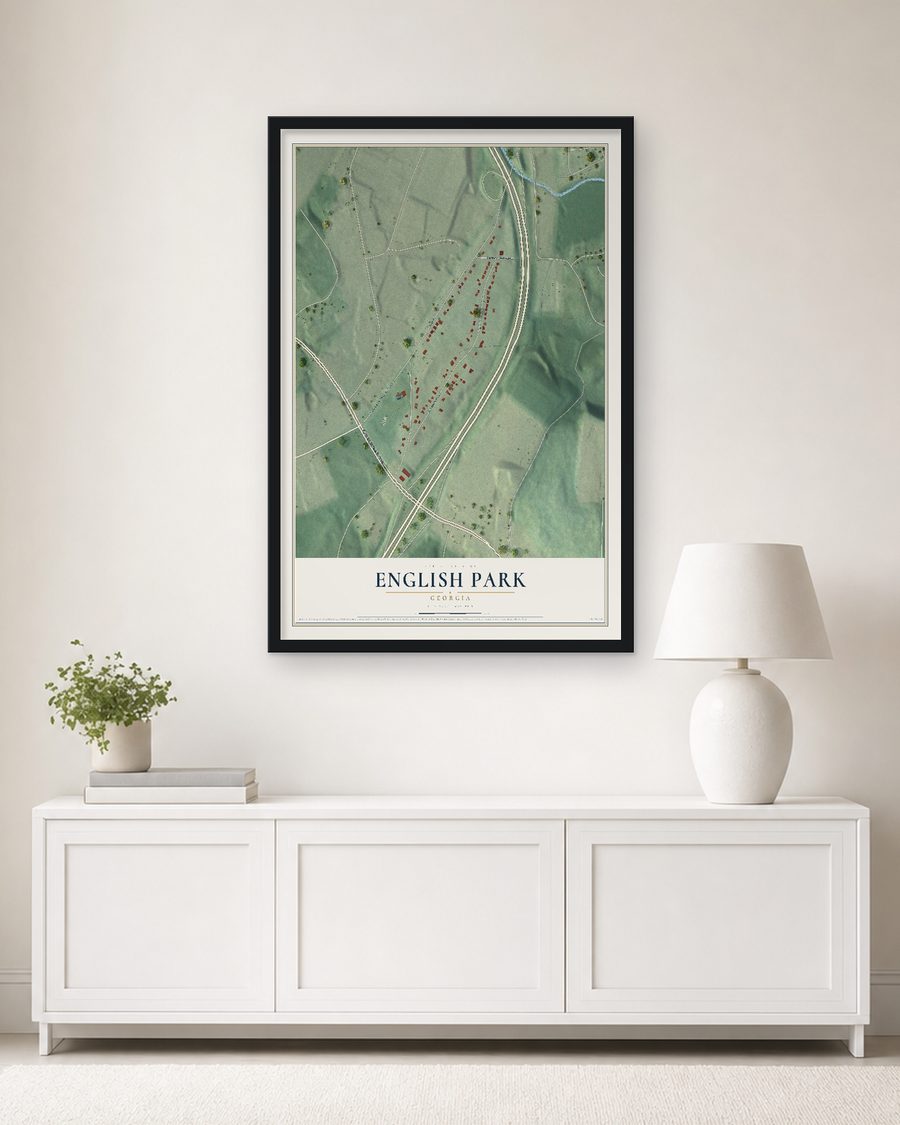 The English Park, Georgia map, 24 x 36 in, in a black wood frame on a living room wall