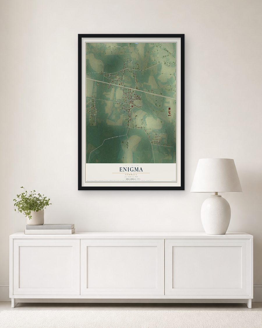 The Enigma, Georgia map, 24 x 36 in, in a black wood frame on a living room wall