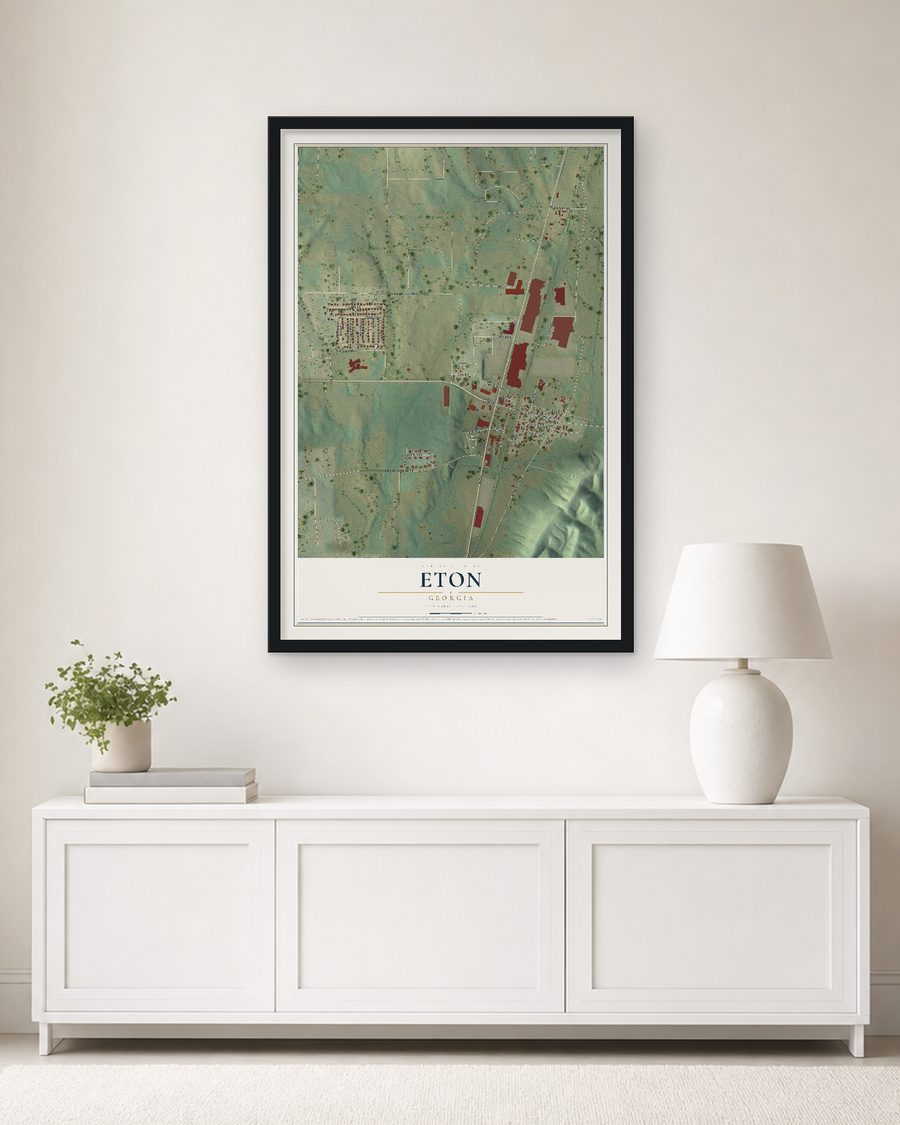 The Eton, Georgia map, 24 x 36 in, in a black wood frame on a living room wall