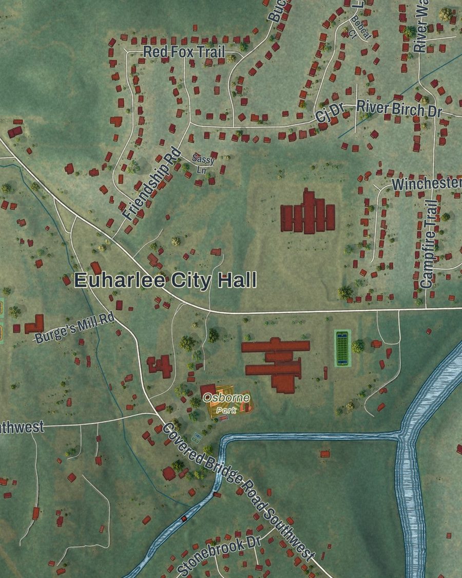 Close-up of Euharlee streets on the map