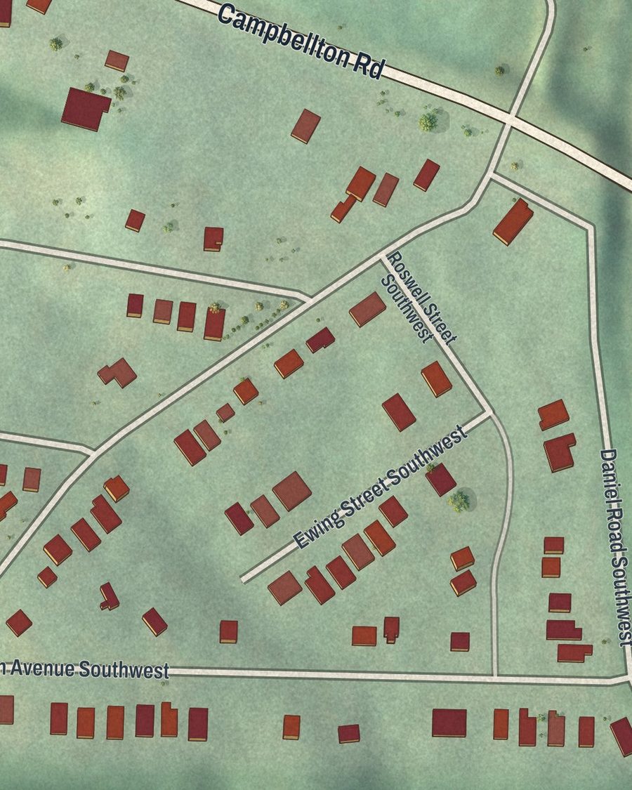 Close-up of Fairburn (Atlanta) streets on the map
