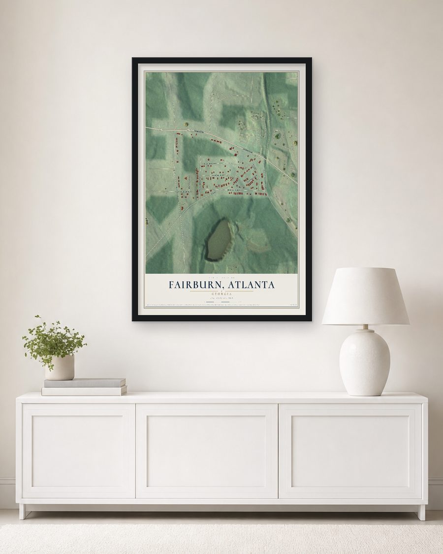 The Fairburn (Atlanta), Georgia map, 24 x 36 in, in a black wood frame on a living room wall