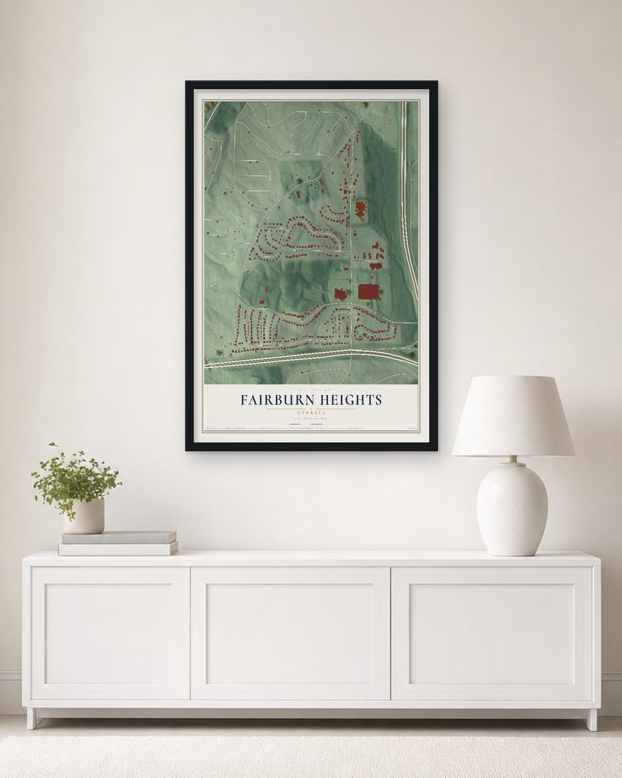 The Fairburn Heights, Georgia map, 24 x 36 in, in a black wood frame on a living room wall
