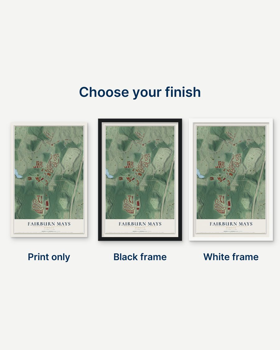 The Fairburn Mays, Georgia map as a print only, in a black frame and in a white frame