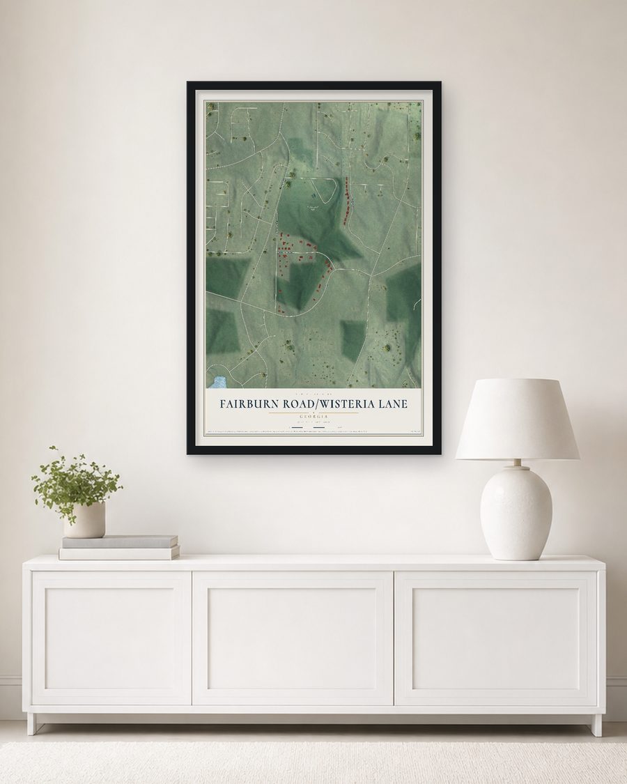 The Fairburn Road-Wisteria Lane, Georgia map, 24 x 36 in, in a black wood frame on a living room wall