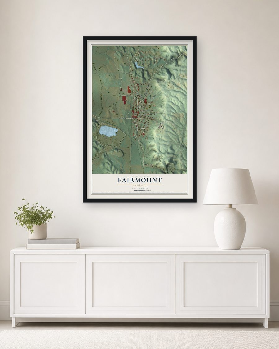 The Fairmount, Georgia map, 24 x 36 in, in a black wood frame on a living room wall