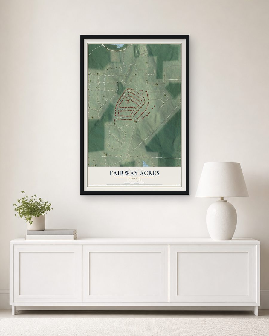 The Fairway Acres, Georgia map, 24 x 36 in, in a black wood frame on a living room wall