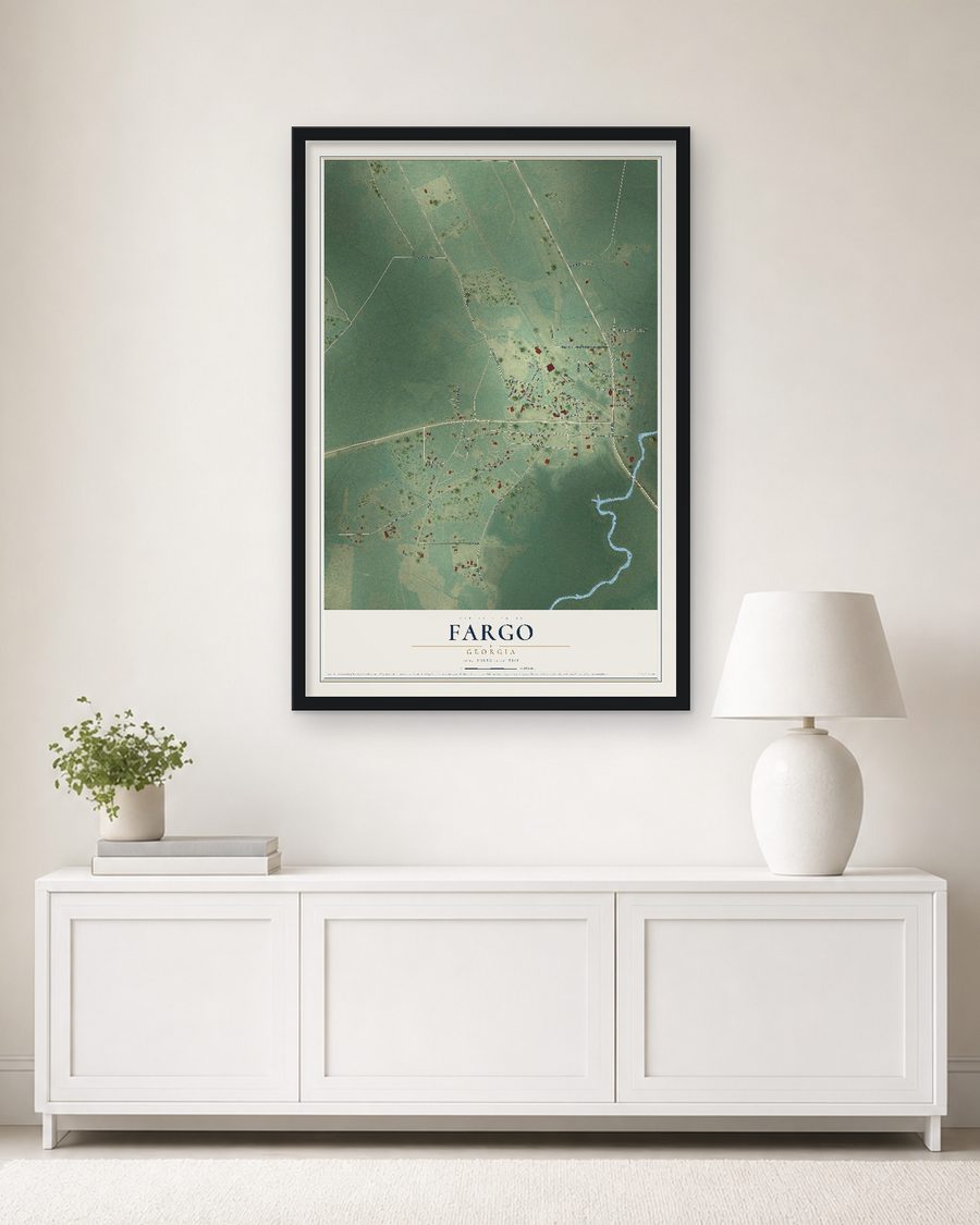The Fargo, Georgia map, 24 x 36 in, in a black wood frame on a living room wall