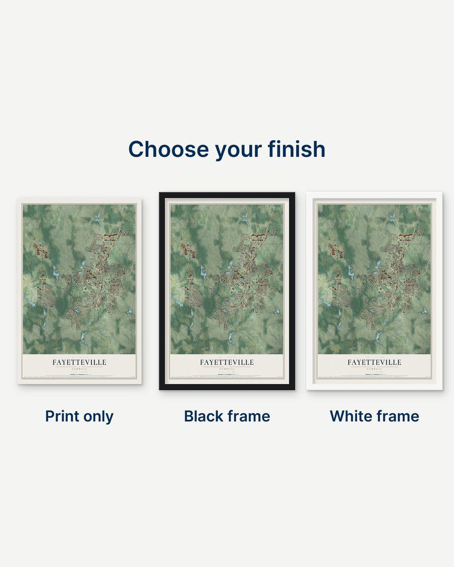 The Fayetteville, Georgia map as a print only, in a black frame and in a white frame