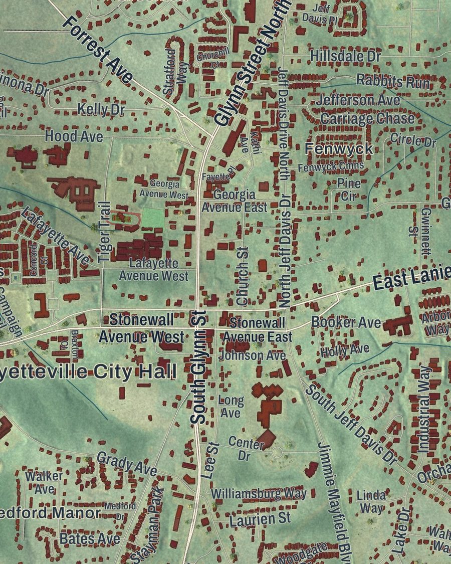 Close-up of Fayetteville streets on the map