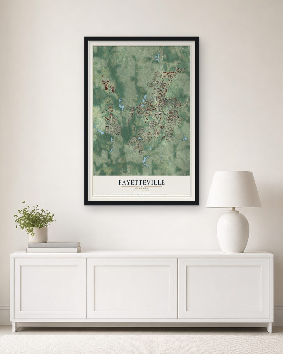 The Fayetteville, Georgia map, 24 x 36 in, in a black wood frame on a living room wall