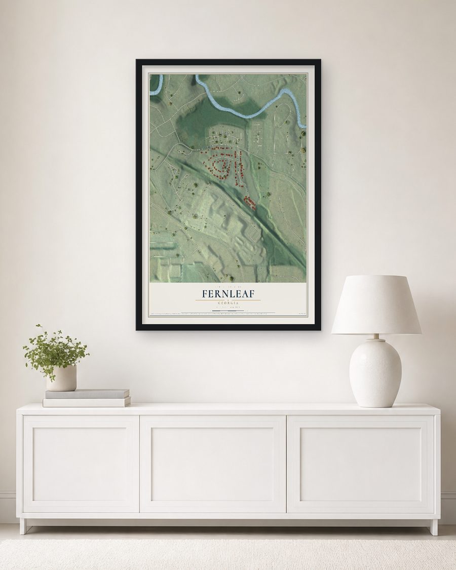 The Fernleaf, Georgia map, 24 x 36 in, in a black wood frame on a living room wall