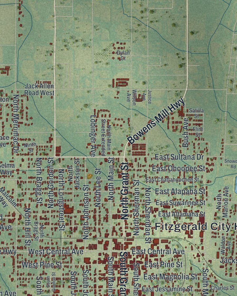 Close-up of Fitzgerald streets on the map