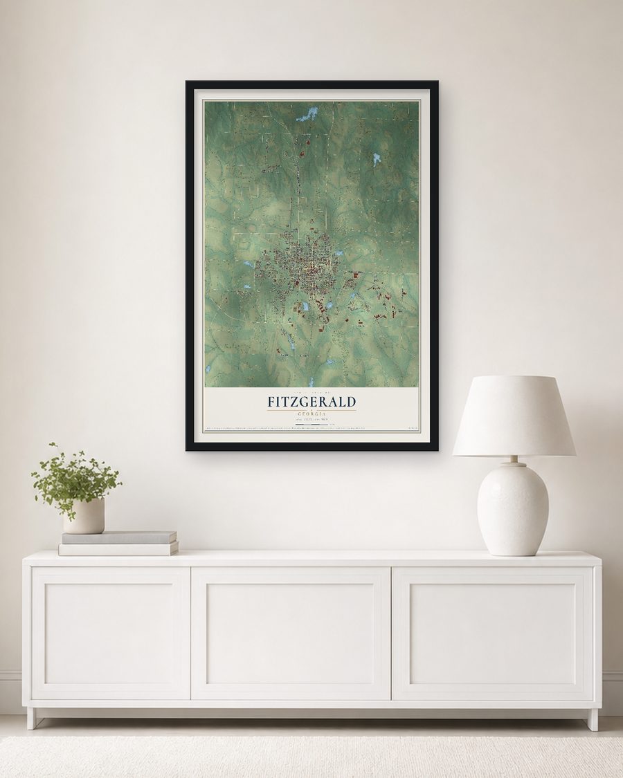 The Fitzgerald, Georgia map, 24 x 36 in, in a black wood frame on a living room wall