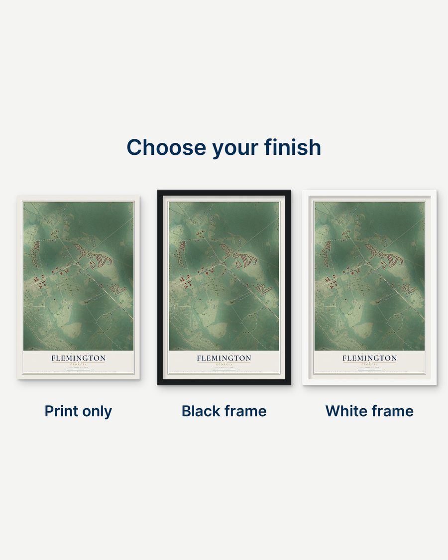 The Flemington, Georgia map as a print only, in a black frame and in a white frame