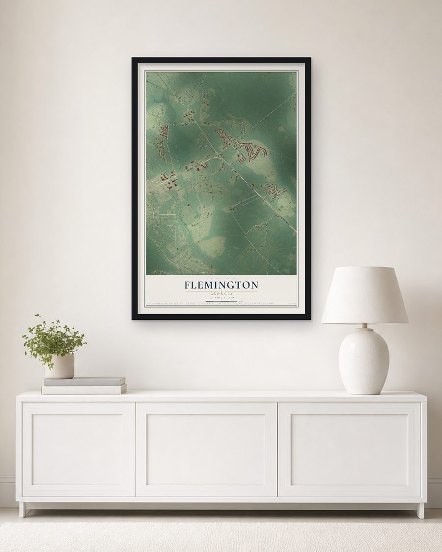 The Flemington, Georgia map, 24 x 36 in, in a black wood frame on a living room wall