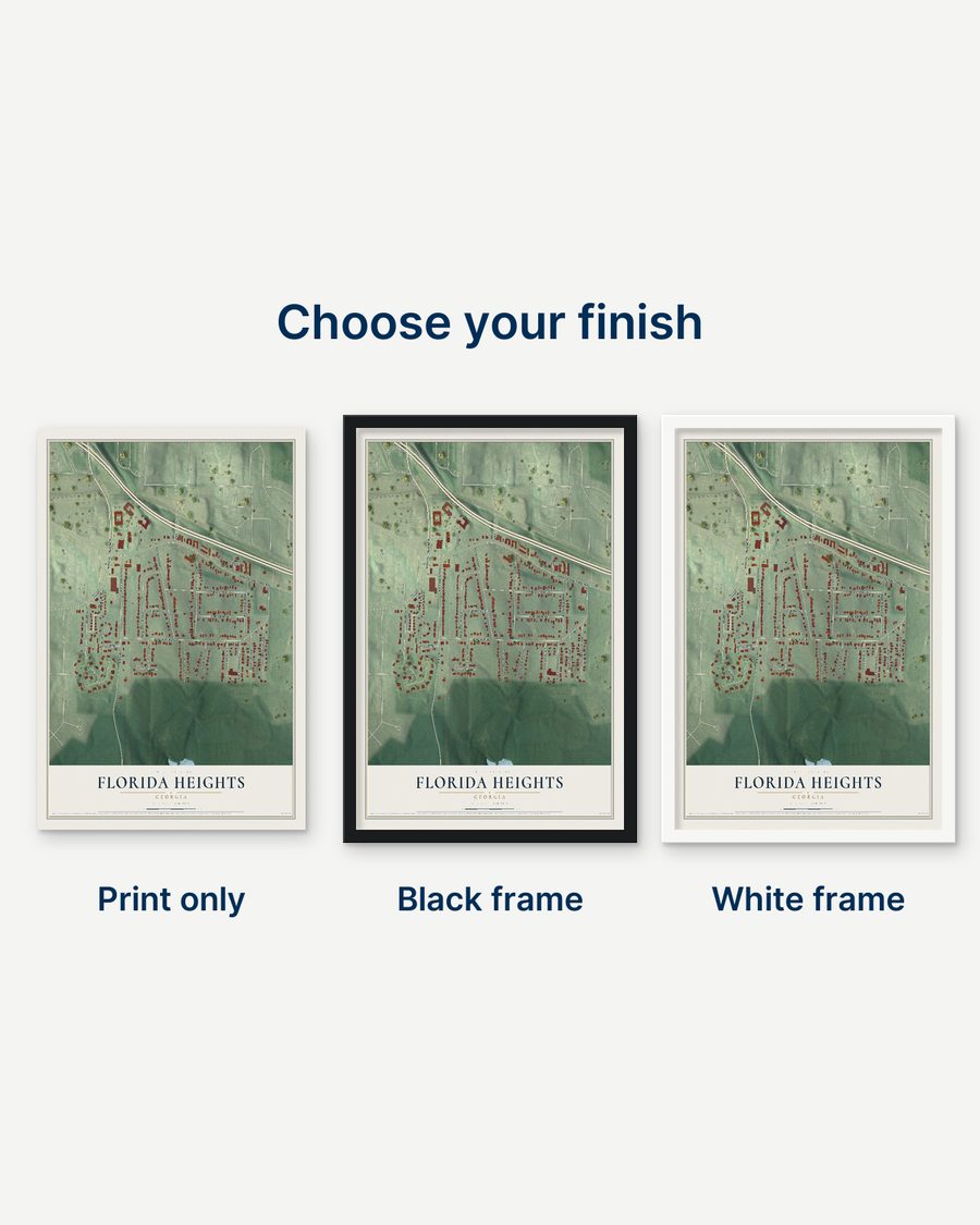 The Florida Heights, Georgia map as a print only, in a black frame and in a white frame