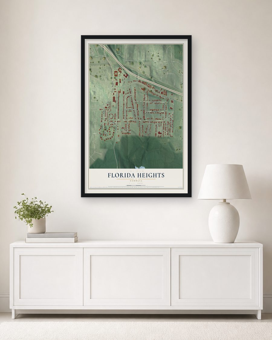 The Florida Heights, Georgia map, 24 x 36 in, in a black wood frame on a living room wall
