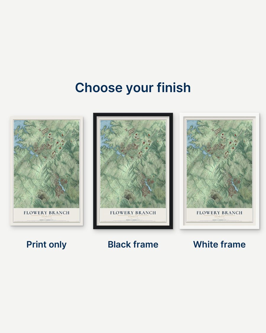 The Flowery Branch, Georgia map as a print only, in a black frame and in a white frame