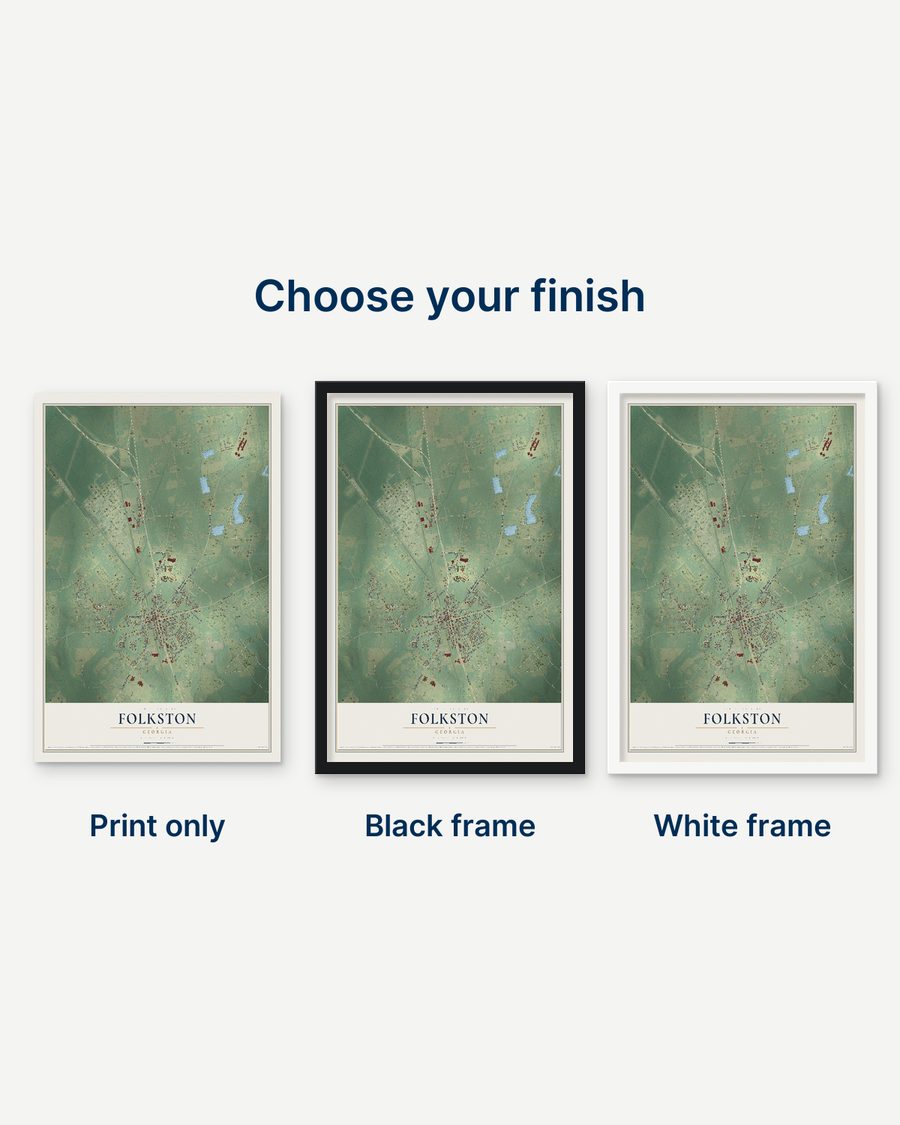 The Folkston, Georgia map as a print only, in a black frame and in a white frame