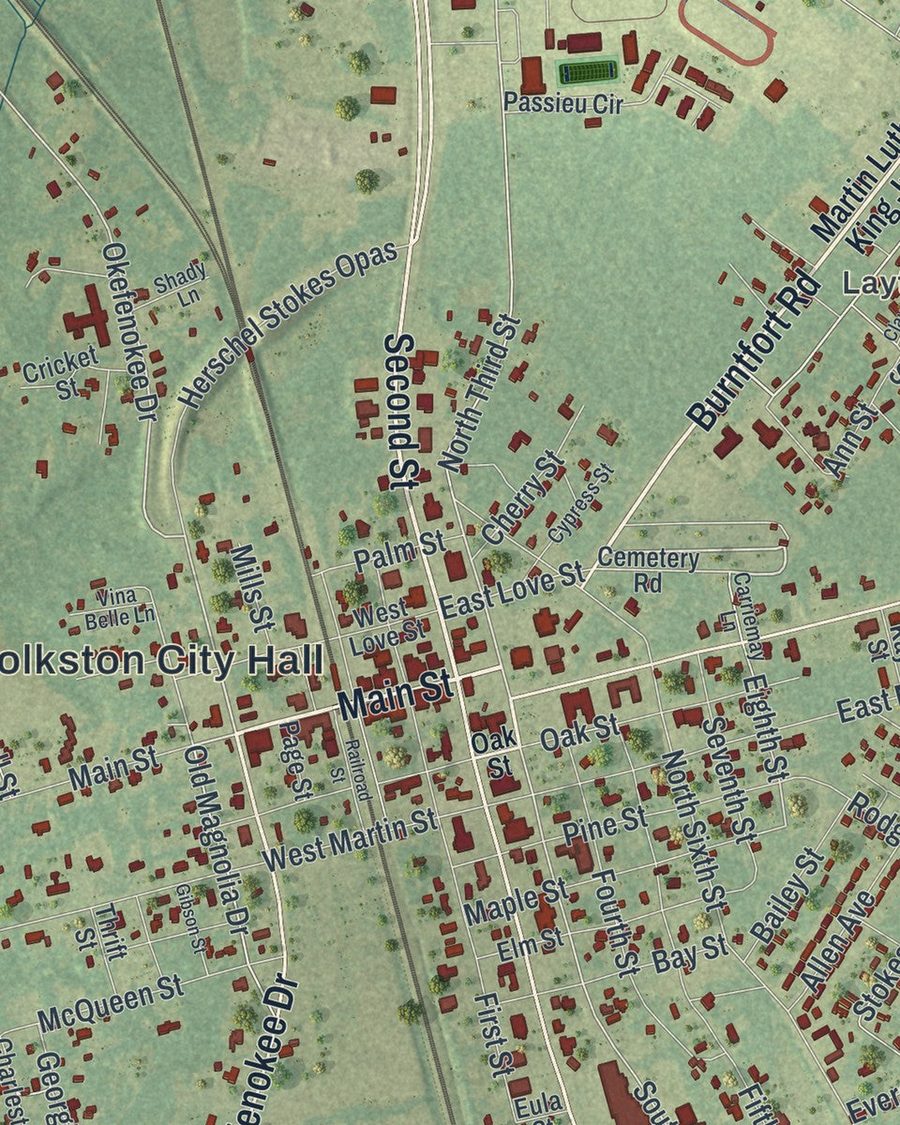 Close-up of Folkston streets on the map