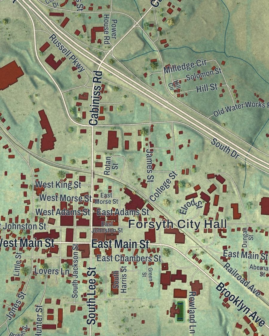 Close-up of Forsyth streets on the map