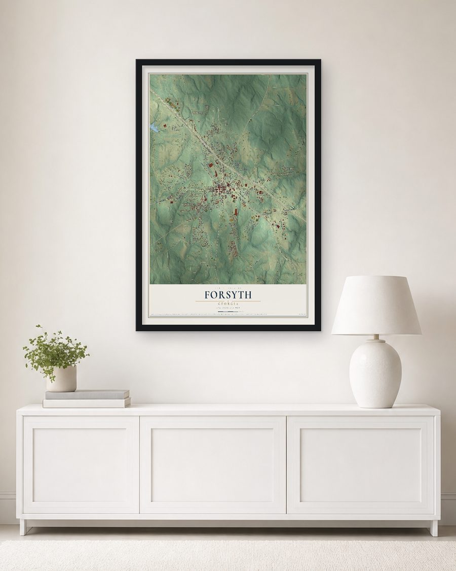 The Forsyth, Georgia map, 24 x 36 in, in a black wood frame on a living room wall