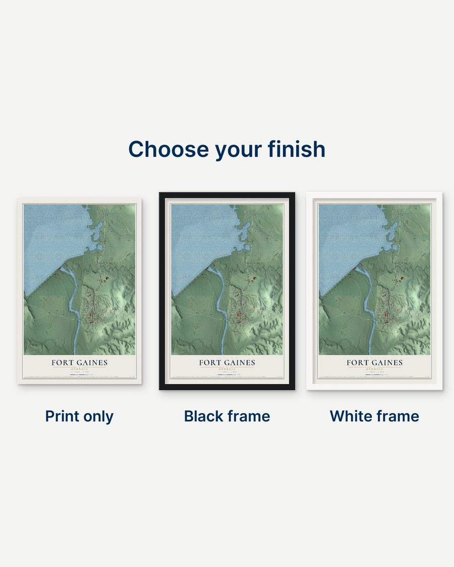 The Fort Gaines, Georgia map as a print only, in a black frame and in a white frame