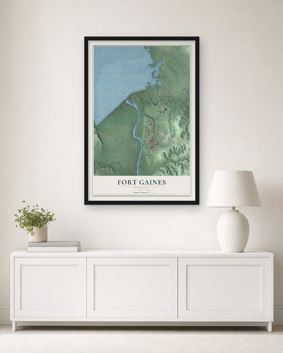 The Fort Gaines, Georgia map, 24 x 36 in, in a black wood frame on a living room wall