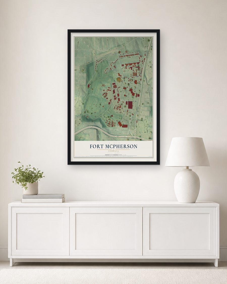 The Fort McPherson, Georgia map, 24 x 36 in, in a black wood frame on a living room wall