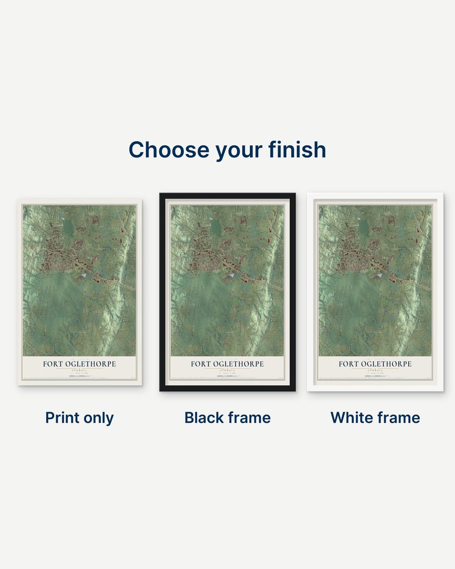 The Fort Oglethorpe, Georgia map as a print only, in a black frame and in a white frame