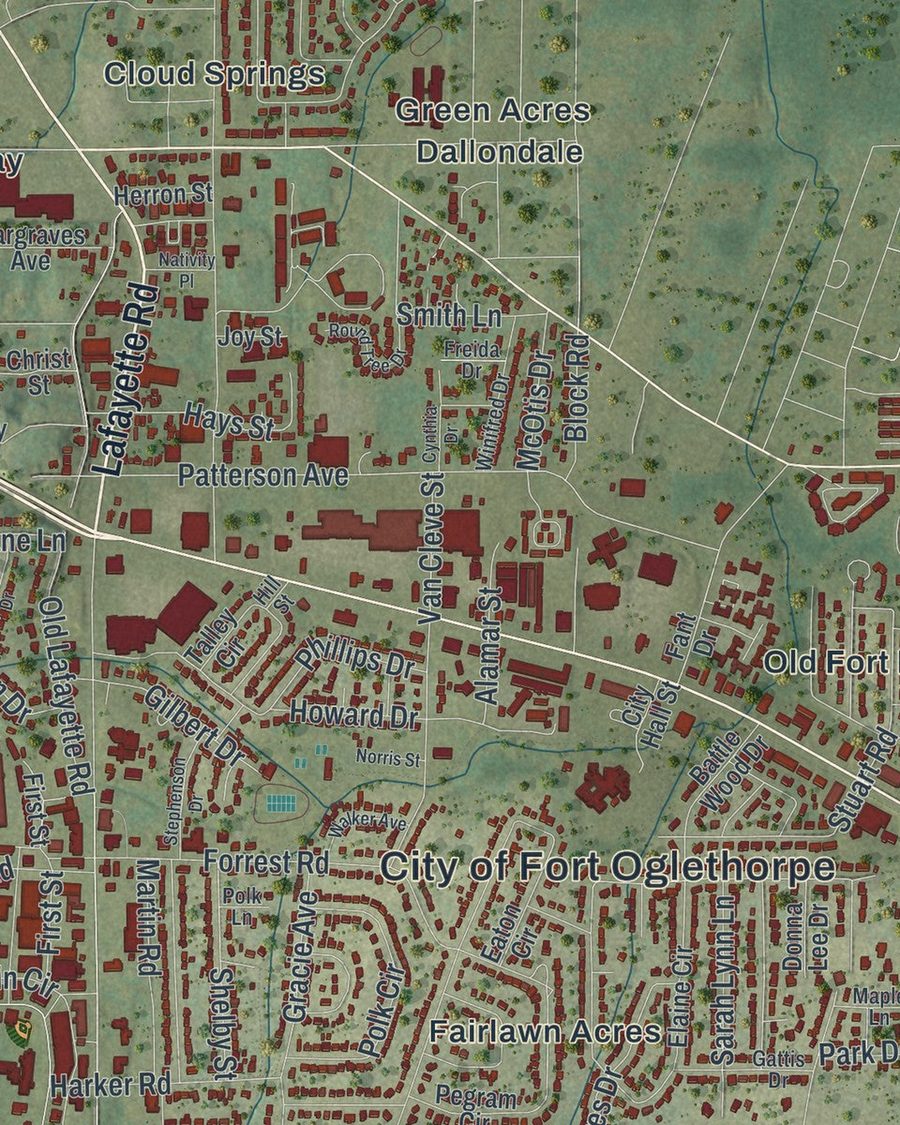 Close-up of Fort Oglethorpe streets on the map