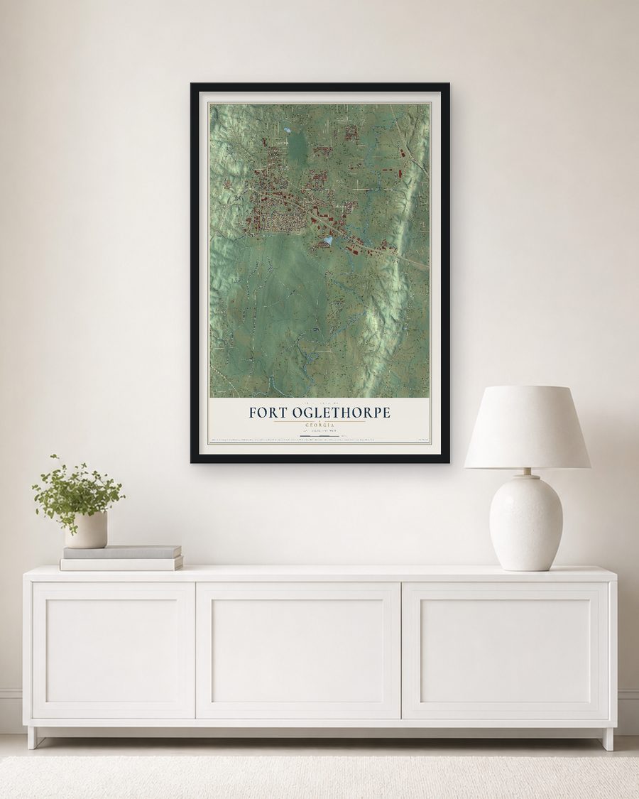 The Fort Oglethorpe, Georgia map, 24 x 36 in, in a black wood frame on a living room wall