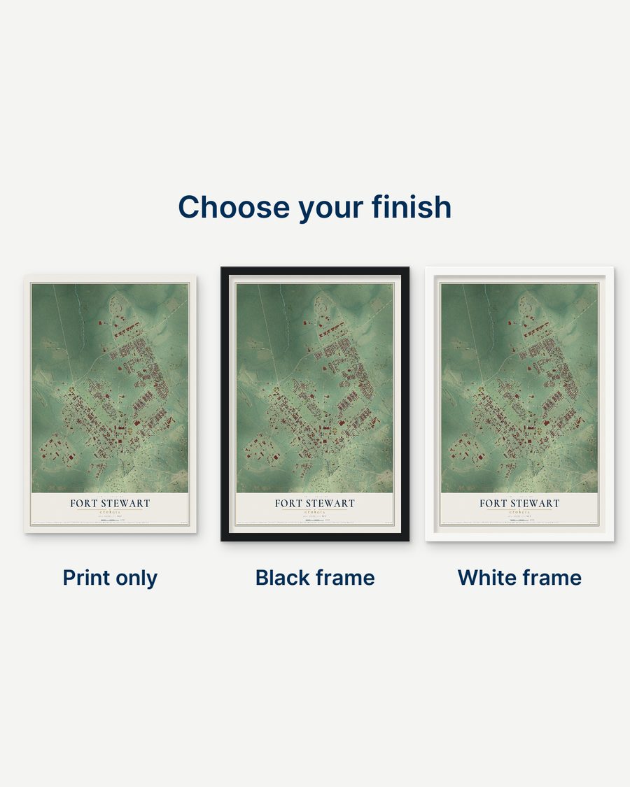 The Fort Stewart, Georgia map as a print only, in a black frame and in a white frame