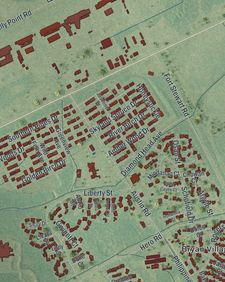 Close-up of Fort Stewart streets on the map