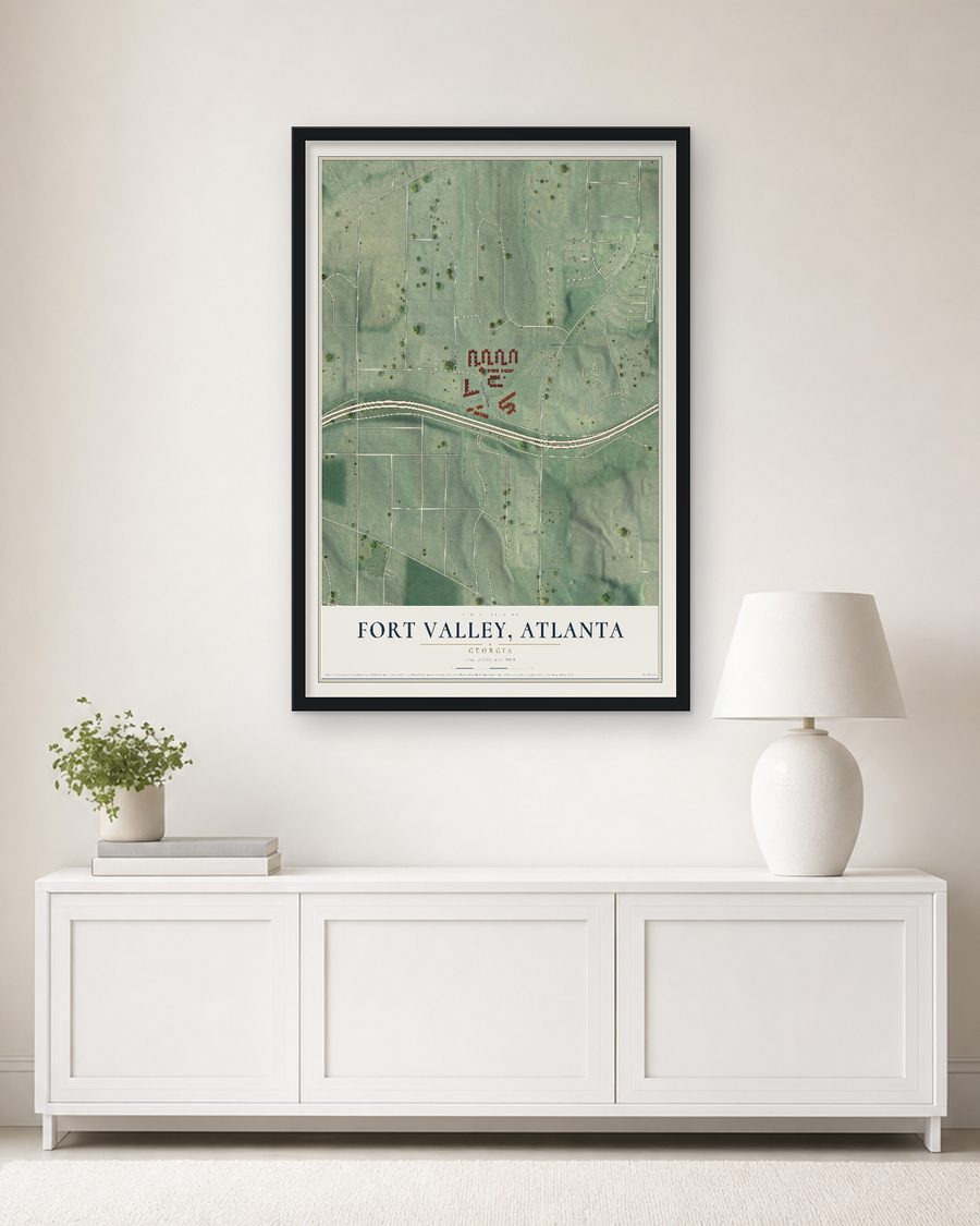 The Fort Valley (Atlanta), Georgia map, 24 x 36 in, in a black wood frame on a living room wall