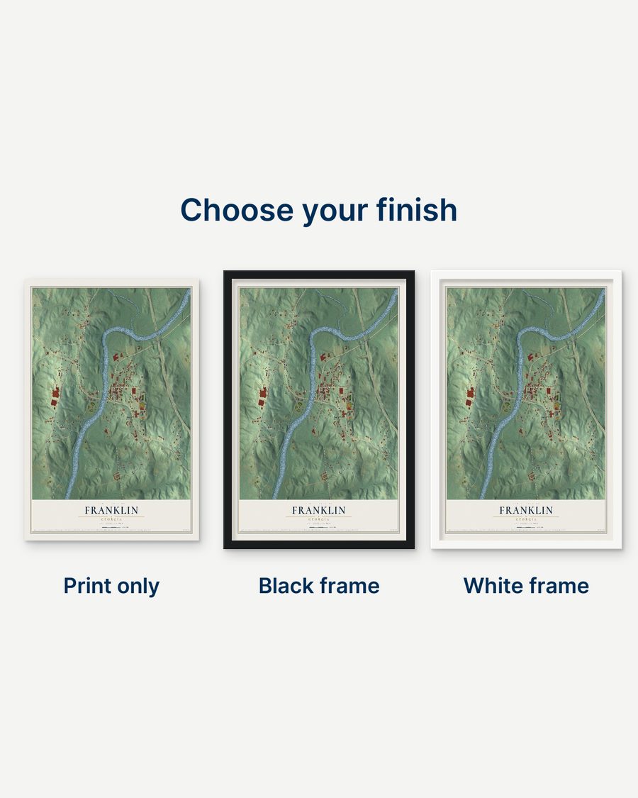 The Franklin, Georgia map as a print only, in a black frame and in a white frame