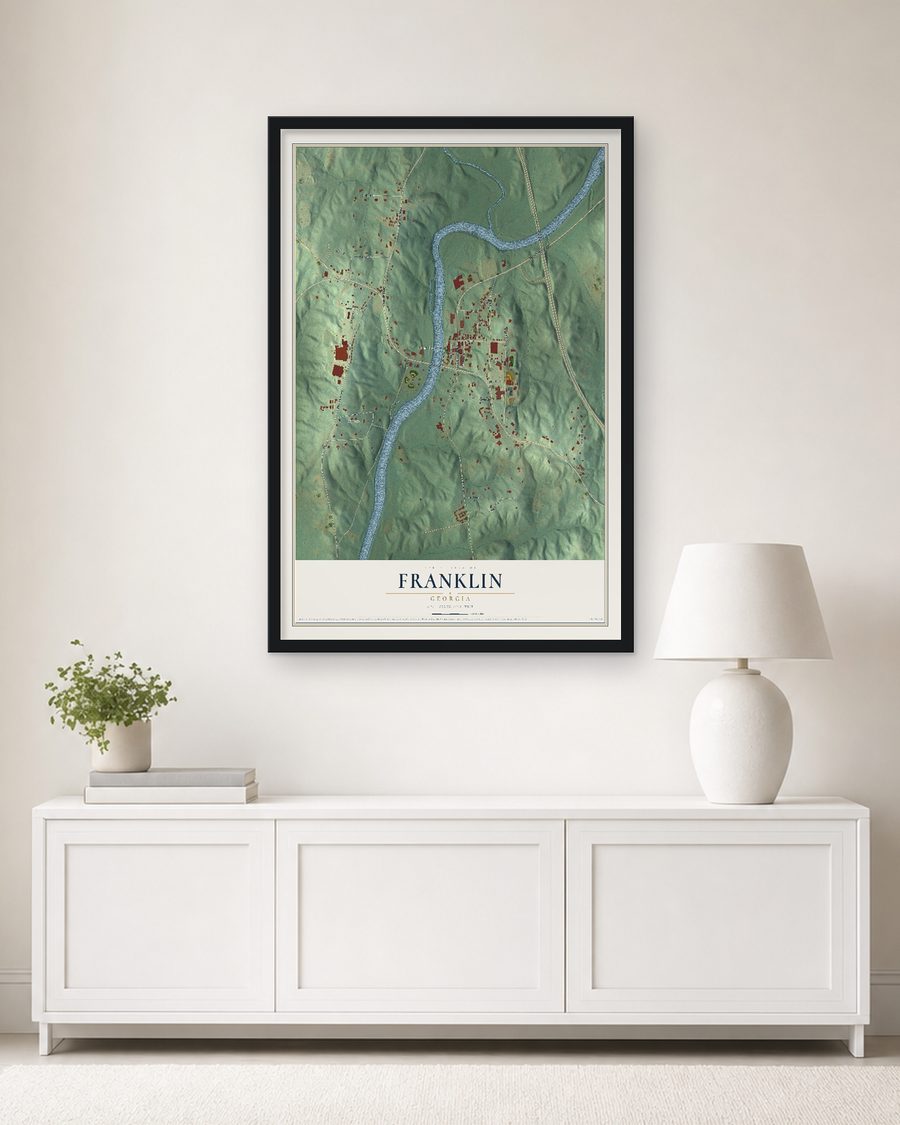 The Franklin, Georgia map, 24 x 36 in, in a black wood frame on a living room wall