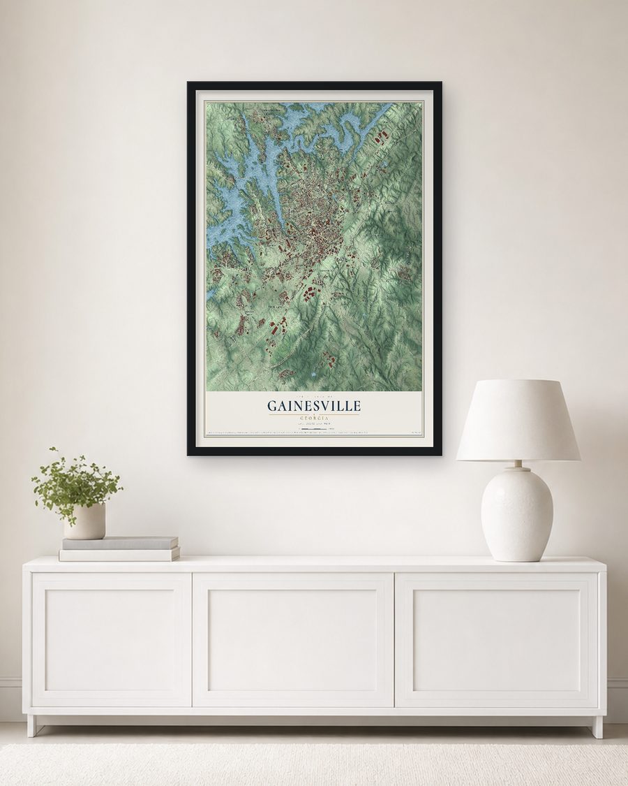 The Gainesville, Georgia map, 24 x 36 in, in a black wood frame on a living room wall