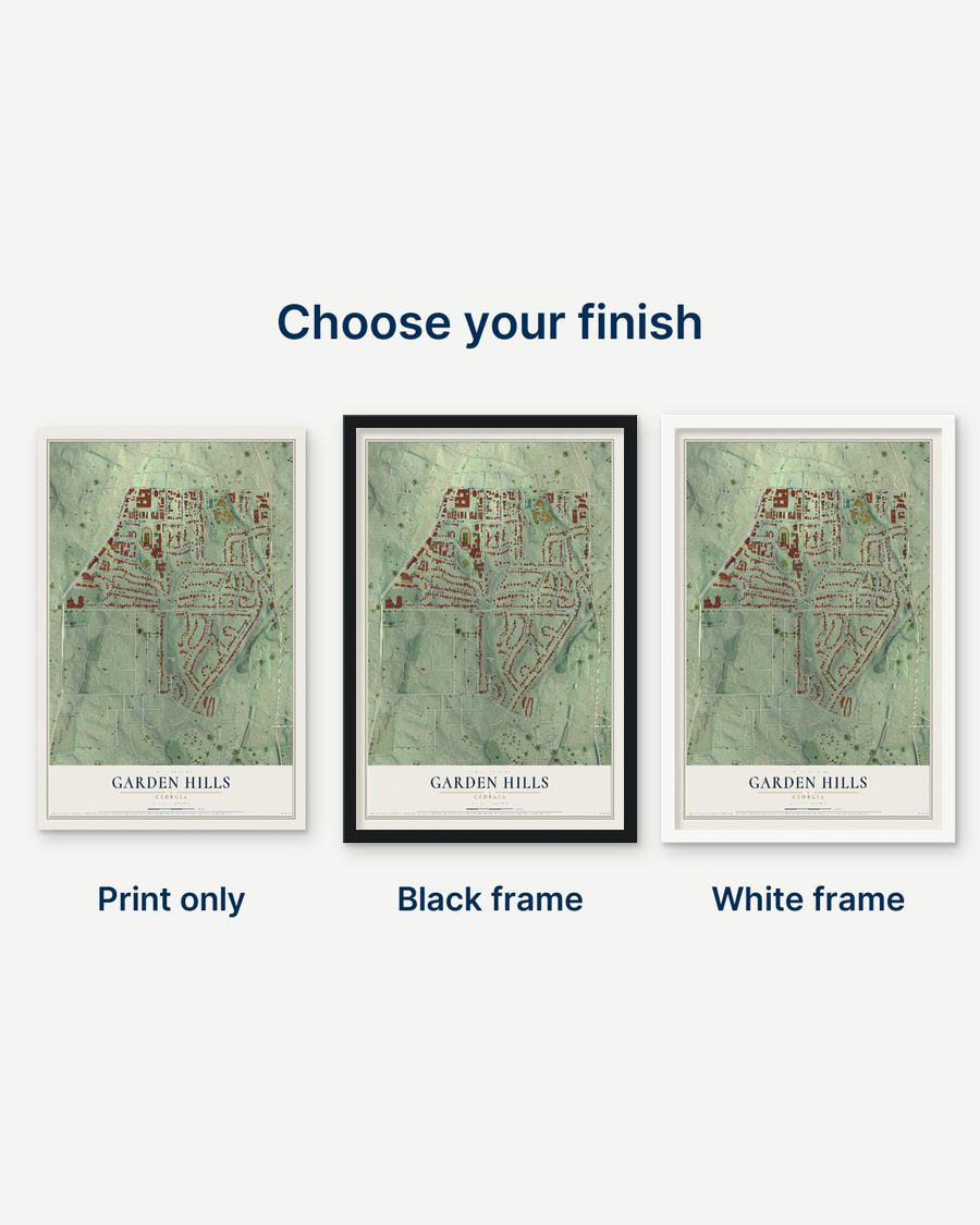 The Garden Hills, Georgia map as a print only, in a black frame and in a white frame