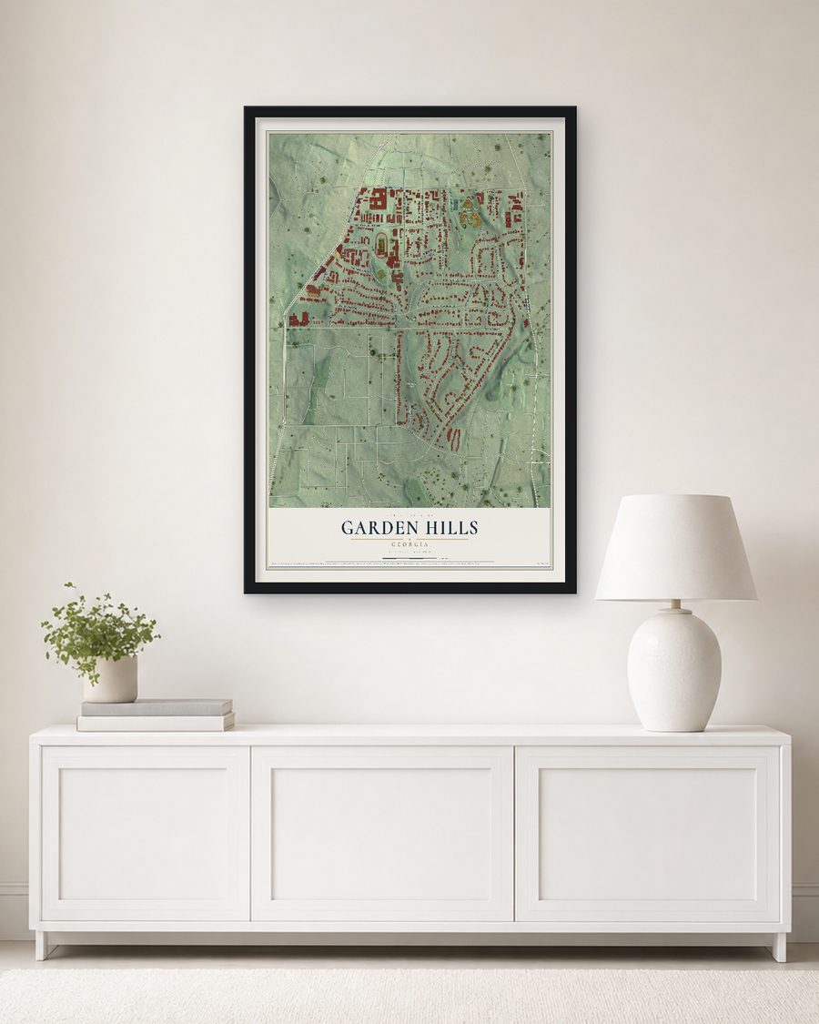 The Garden Hills, Georgia map, 24 x 36 in, in a black wood frame on a living room wall
