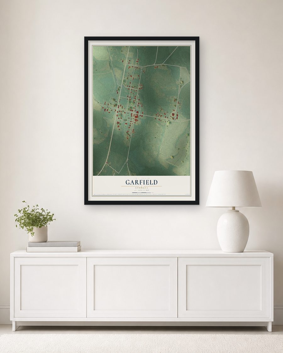 The Garfield, Georgia map, 24 x 36 in, in a black wood frame on a living room wall