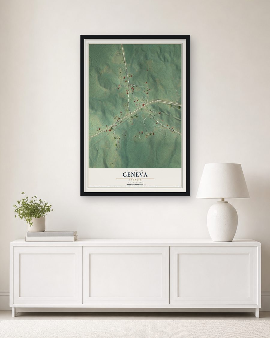 The Geneva, Georgia map, 24 x 36 in, in a black wood frame on a living room wall