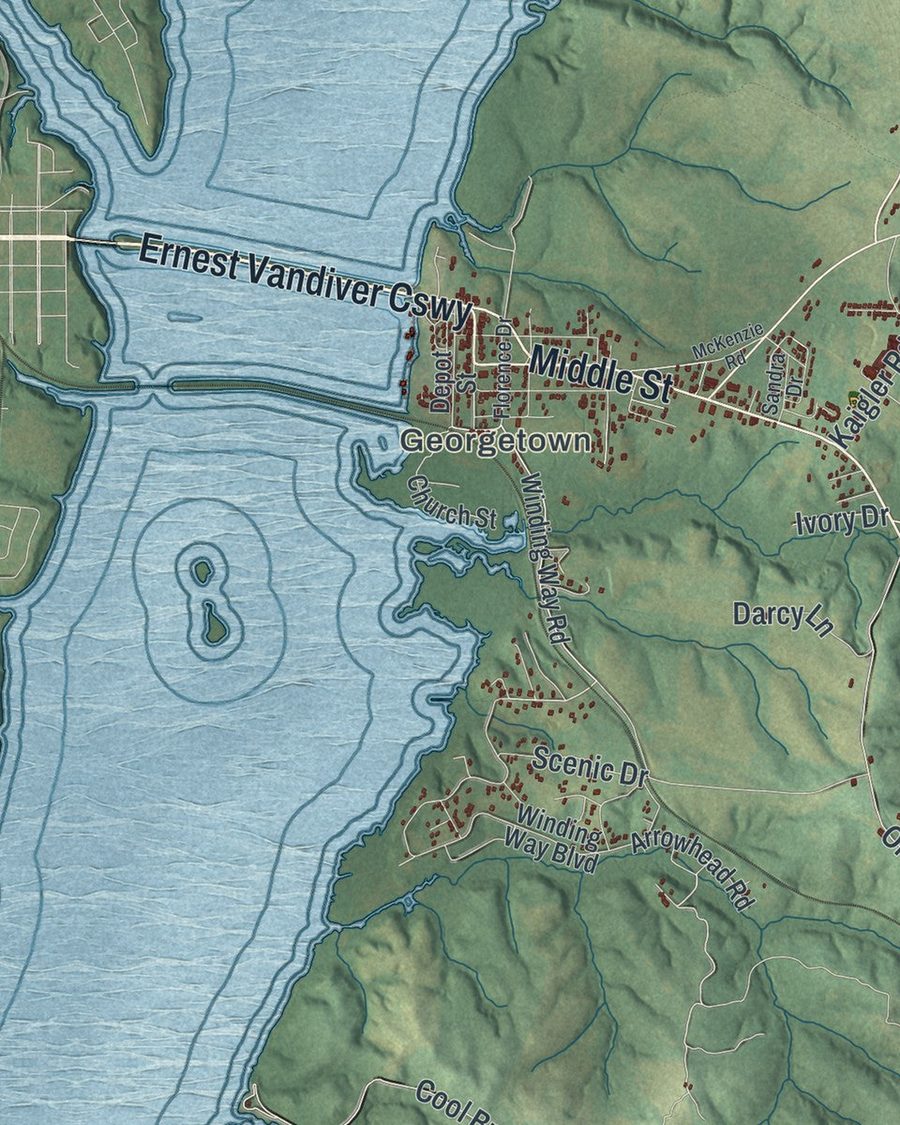 Close-up of Georgetown-Quitman County streets on the map