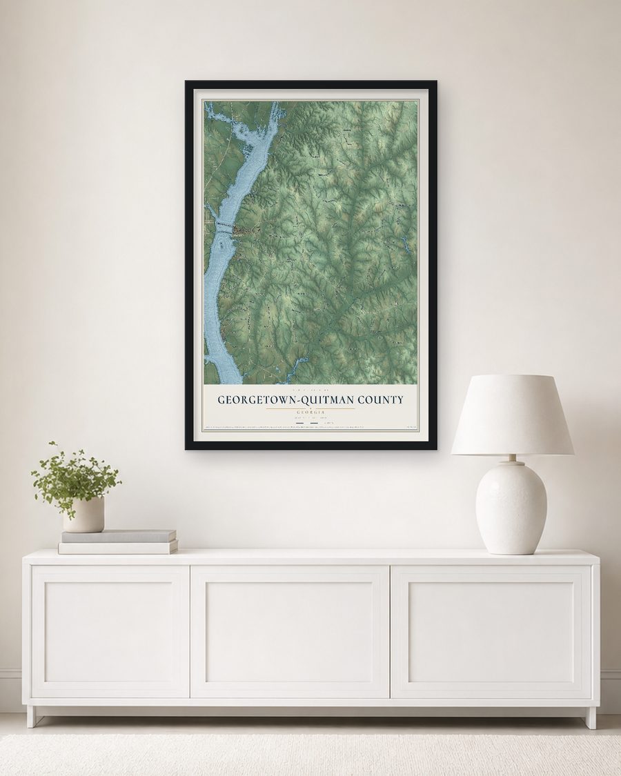 The Georgetown-Quitman County, Georgia map, 24 x 36 in, in a black wood frame on a living room wall