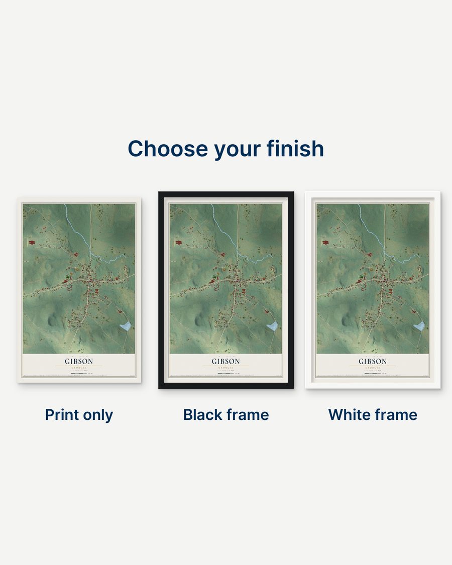 The Gibson, Georgia map as a print only, in a black frame and in a white frame