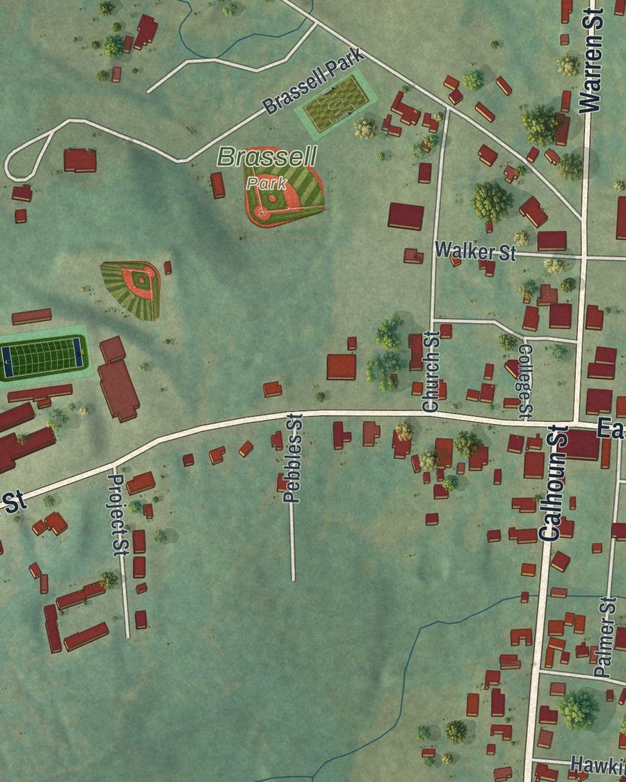 Close-up of Gibson streets on the map