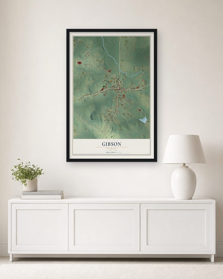 The Gibson, Georgia map, 24 x 36 in, in a black wood frame on a living room wall